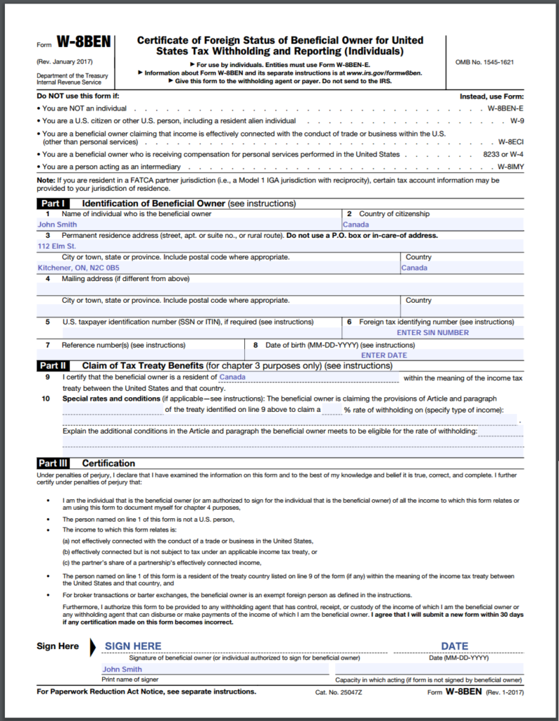 Sample Canadian Individual W8 Form - Spendaholics Anonymous